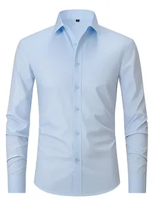 Premium men's light blue four-way stretch non-iron long sleeve business dress shirt