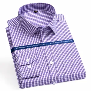 Professional purple checkered long-sleeve dress shirt for men in business casual style