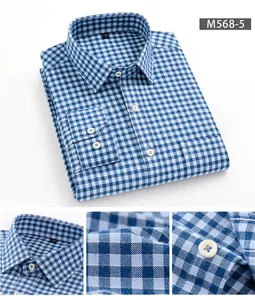 Dettaglio ravvicinato della camicia da uomo a scacchi blu e bianchi in cotone