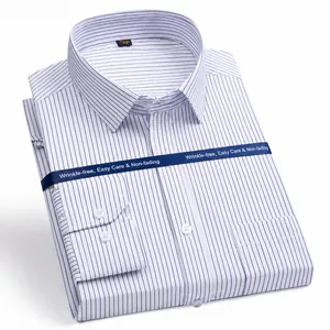 Professional men's slim fit long sleeve business dress shirt with blue pinstripes
