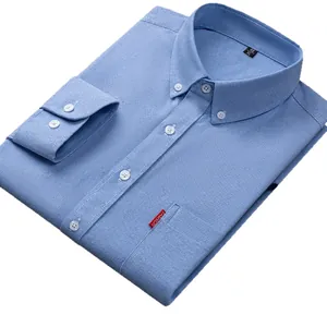 Men's business casual long sleeve light blue cotton oxford shirt with chest pocket