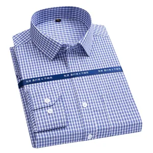 Camisa de negocios plegada de manga larga a cuadros azules y blancos para hombre algodón.
