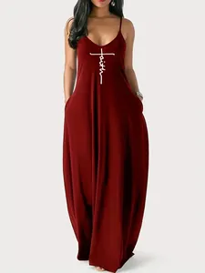 Elegant wine red sleeveless maxi dress featuring a white cross and faith print detail