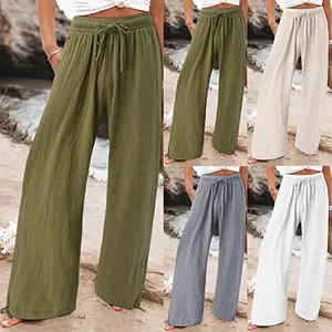 Dames Hoge Taille Wijde Pijpen Broek Zomer Casual Trekkoord Effen Kleur Ademende Broek Strandkleding Onderkant