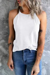 Detail view of a minimalist white halter-neck tank top for women's summer style.