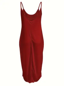 Detail shot showing the back of a sleek red sleeveless satin maxi dress with thin straps