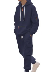 Dunkelblauer Herren-Freizeit-Trainingsanzug mit Cargo-Hose und Kapuzenpullover mit Reißverschluss