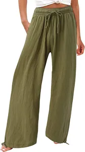 Stijlvolle olijfgroene damesbroek met hoge taille, trekkoord en wijde pijpen voor casual zomerstijl