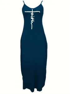 Elegant navy blue sleeveless maxi dress featuring a white faith cross graphic print