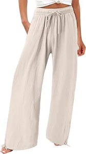 Beige linnen broek met wijde pijpen, hoge taille en elastisch trekkoord
