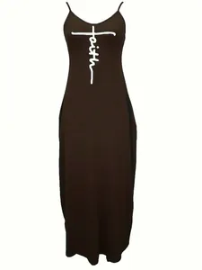 Elegant brown sleeveless maxi dress featuring a white faith cross graphic print design