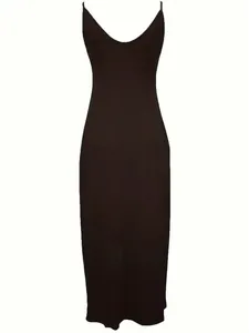 Elegant sleeveless long black dress for women with a sleek V-neck silhouette