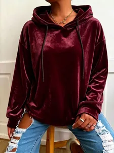 Sudadera con capucha de terciopelo burdeos para mujer con ajuste holgado y mangas largas