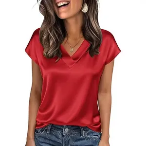 Elegante rote Satin-Bluse mit V-Ausschnitt für Damen, seidig glattes Kurzarm-Oberteil
