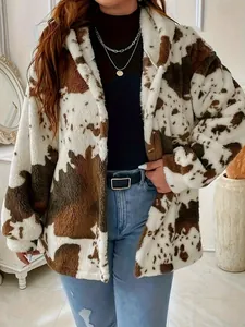 Stylish cow print faux fur jacket for women with cozy oversized fit for autumn winter