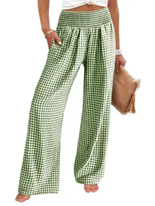 Pantalon large confortable à carreaux vichy vert taille haute élastique pour femme
