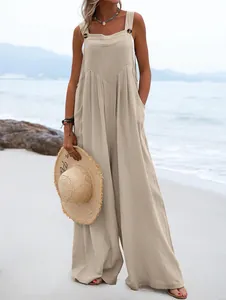 Fashionable summer loose cotton linen wide leg jumpsuit for women at beach resort