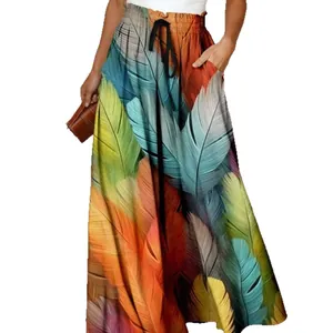Bohemian vibrant feather print maxi skirt featuring elastic drawstring waist and side pockets