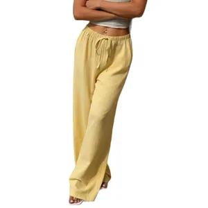Pantalon large décontracté jaune d'été pour femmes avec taille haute élastique à cordon