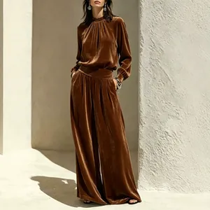 Dames Retro Gouden Fluweel Pak Set Getailleerd Lange Mouw Top En Soepelvallende Wijde Broek Casual Effen Kleur Set