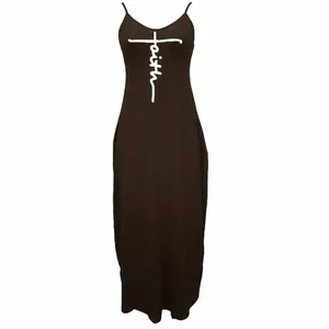 Elegant dark brown sleeveless maxi dress featuring a white Faith cross print design
