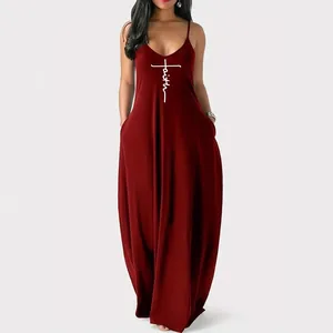 Elegant wine red sleeveless V-neck maxi dress with faith graphic print and pockets