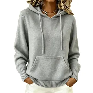 Grauer Damen Strick-Kapuzenpullover mit Kängurutasche und Kordelzug für den Alltag