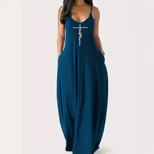 Elegant navy blue sleeveless maxi dress with faith print and loose casual fit