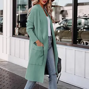 Elegant long sage green open-front knit cardigan with large pockets for autumn fashion