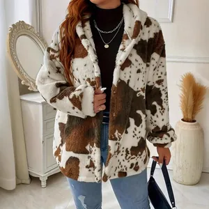 Cozy brown and white cow print fuzzy hoodie jacket for autumn and winter streetwear