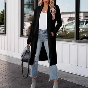 Women's casual loose fit long black cardigan coat with pockets for autumn and winter