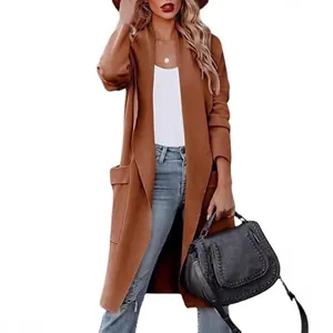 Stylish casual loose long sleeve open front wool blend coat with pockets for women in brown