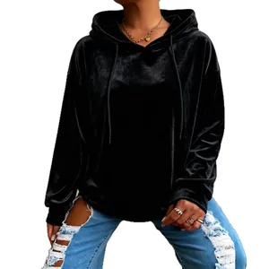 Sudadera con capucha de terciopelo negro informal y holgada para mujer