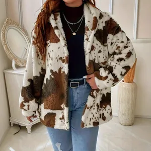 Stylish cow print faux fur coat for women with cozy long sleeves and open front design