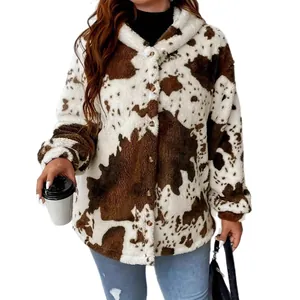 Stylish cow print plush hooded jacket for women, cozy winter fashion outerwear