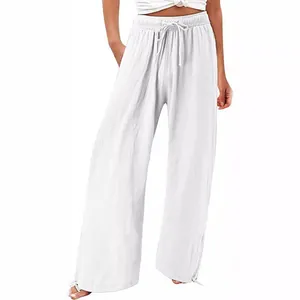 Dames witte broek met hoge taille en wijde pijpen met een verstelbaar trekkoord