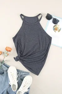 Detailed view of a dark grey halter neck tank top featuring a stylish side-knot design