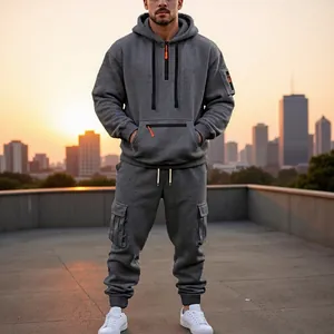 Herren Fashion Polyester Kapuzen Trainingsanzug Mehrere Taschen Cargo Set Winter Lässig Halb Riss Hoodie und Jogginghose Sportbekleidung