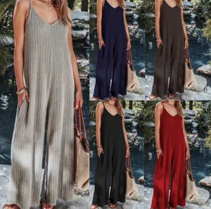 Women's ribbed V-neck backless summer jumpsuits in various colors for casual outdoor wear