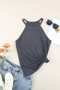 Professional flat lay of a grey halter neck tank top with double straps and knotted waist detail