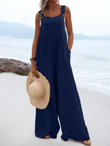 Stylish navy blue wide-leg cotton linen jumpsuit for summer beach lifestyle wear