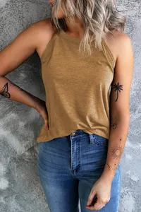 Stylish camel halter neck sleeveless tank top for women in casual summer fashion