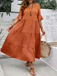Elegantes orangefarbenes V-Ausschnitt Midi-Kleid in Übergröße für den Sommerurlaub