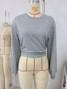 Detailed front view of a gray cropped crew-neck long-sleeve sweatshirt on mannequin.