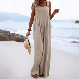 Women Casual Wide Leg Jumpsuit Polyester Ruched Sleeveless Cami Jumpsuit With Pockets Summer Vacation Top And Bottom One Piece