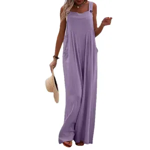 Stylish lavender purple cotton linen wide leg summer jumpsuit with straps and pockets
