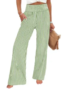 High waisted green and white vertical striped trousers with smocked elastic waistband