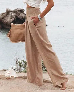 Pantalon bohème en lin kaki à jambes larges, taille haute élastique smokée et poches