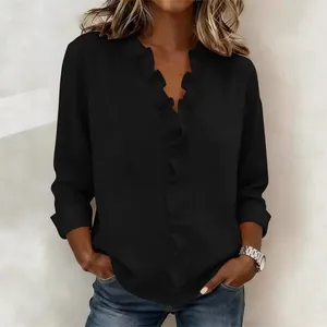 Elegant women's black ruffled V-neck blouse made of breathable cotton linen fabric