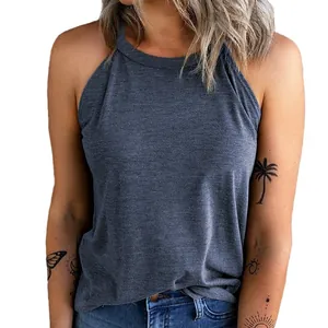 Stylish women's grey halter neck tank top, comfortable summer sleeveless casual shirt